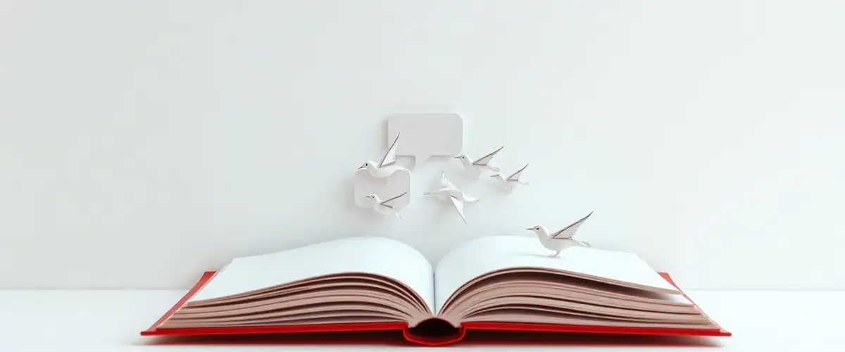 Окно браузера в виде раскрытой книги с бумажными птицами — работа с чат-ботом онлайн